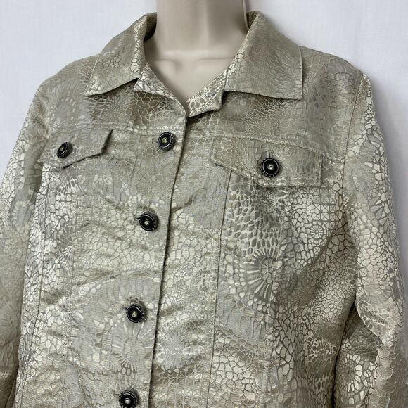 Chicos Jacket 1 Beige Animal Print Trucker Cropped Shiny Snake Skin Small - Picture 2 of 11